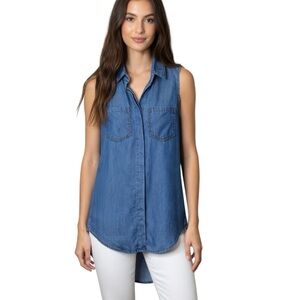 Velvet Heart Lyocell Chambray Button Down Sleeveless Hi-Lo Top